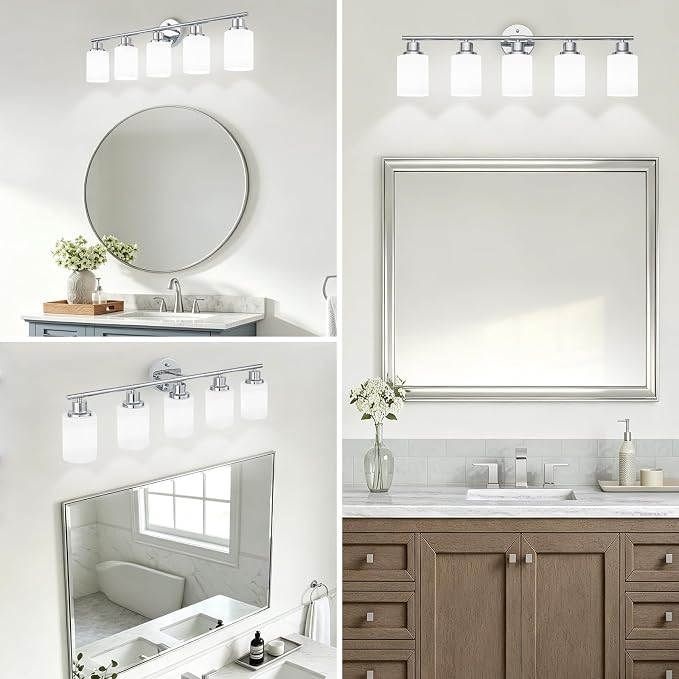 5-Light Chrome Vanity Lights for Mirror, Bathroom Light Fixtures with Textured Milky White Glass Shade, Modern Kitchen Light Fixtures Wall Sconce Light