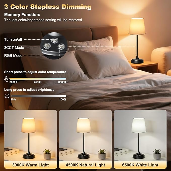 Wowag Cordless Table Lamp Rechargeable,5000mAh Battery Operated Desk Lamp,3 Colors & 7 RGB Stepless Dimmable,Touch Control Ambient Light for Bedside,Bedroom,Dining Room,Living Room,Black,WhiteShade