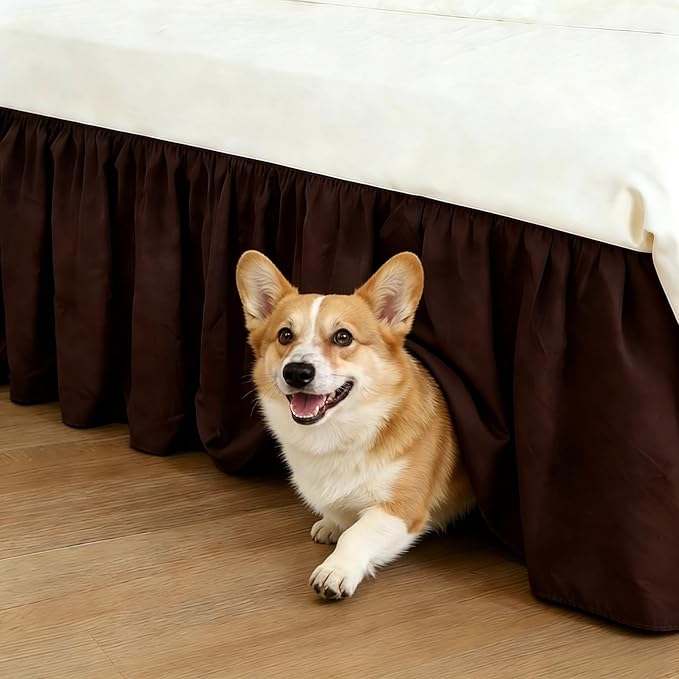 RIMELA Bed Skirt Queen Size 18 Inch Drop, Elastic Bed Skirting for Bed Base and Frame, Bedding Dust Ruffle Easy to Install,Wrap Around Adjustable Bedskirt, Chocolate Brown