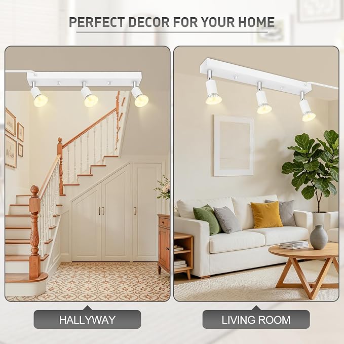 Plug in Track Lighting Kit 3 Light, White Track Light Fixture with Switch and Cord, Adjustable Spotlight Track Head for Kitchen Closet Gallery Wall Wash, Modern Linear Ceiling Light Bar,15ft Cord
