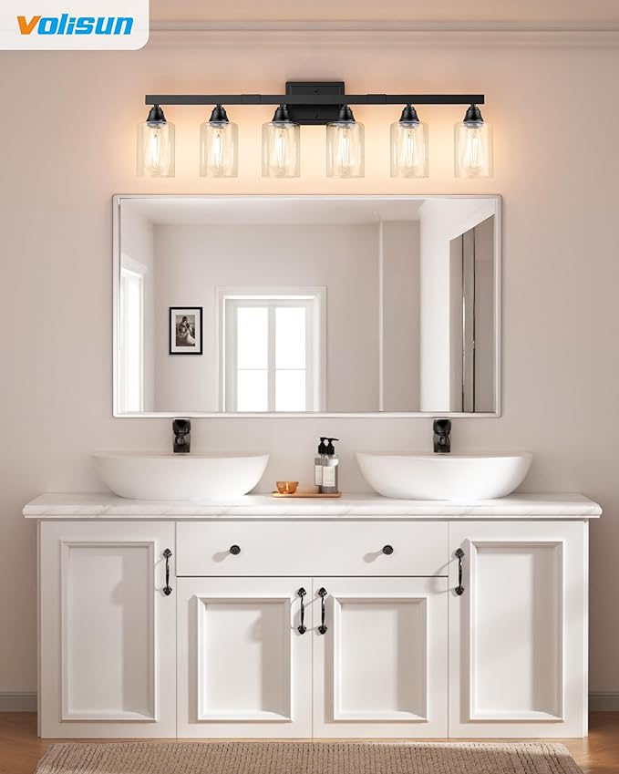 VOLISUN Matte Black Bathroom Light Fixtures, 6-Light Bathroom Vanity Light Over Mirror, Modern Vanity Lights for Bathrooms, Bathrooms Lights Fixtures Over Mirror with Clear Glass Shades
