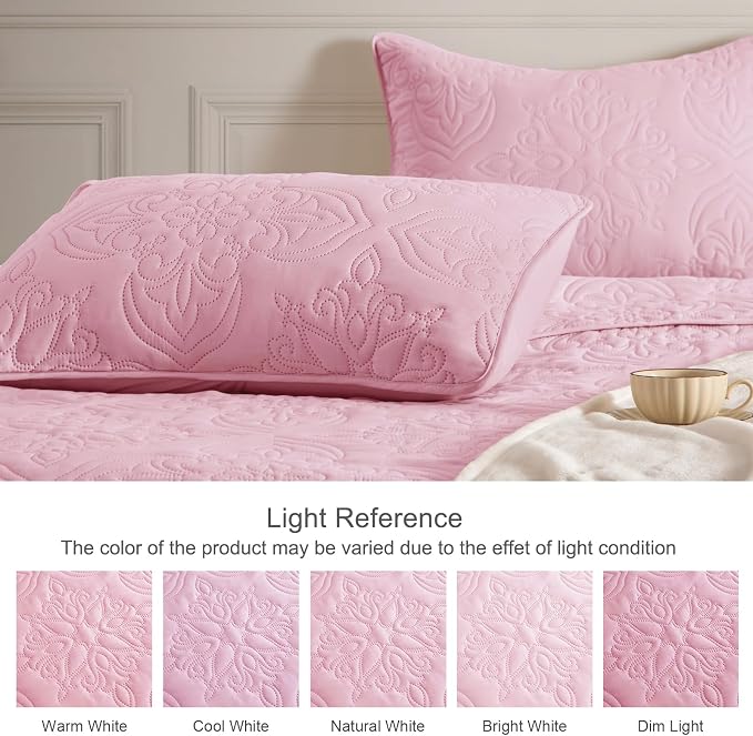 Whale Flotilla Twin Quilt Bedding Set Vintage Damask Reversible Bedspread | Suitable for Bed, 2 Pieces Pink Lightweight Breathable Quilts Twin Size, Ultrasonic Coverlet Bed Cover with 1 Pillow Sham