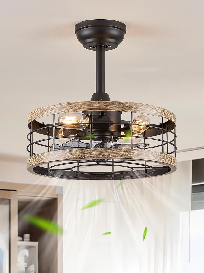 LEDIARY 16.5 inch Caged Fandelier Ceiling Fan Light with Remote, Brown | 6 Speed Adjustable,Timing, Quiet & Powerful DC, Small, Farmhouse, Industrial, Enclosed, Bladeless, Bedroom, Kitchen, Downrod