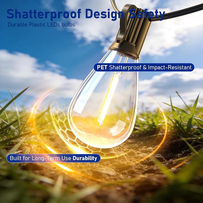 100FT Outdoor String Lights with Remote & Dimmable, 35+1 Shatterproof Waterproof Bulbs, Dimmable Outside Hanging Patio Lights for Backyard, Porch, Deck, Garden 2200K Warm Yellow