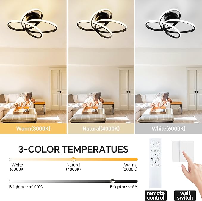 Modern LED Chandelier, 50W LED Ceiling Light with Remote Control, 3000-6000K Color Temperature Changing, Balck Chandelier for Bedroom, Entryway, Hallway, Kitchen