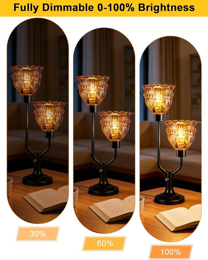 Lightdot Mid Century Modern Glass Table Lamp Black Dimmable Desk Lamps with Brown Glass Shade& 2Pcs 3000K Warmwhite Bulbs Included U-Shaped Bedside Nightstand Lamp for Living Room Bedroom