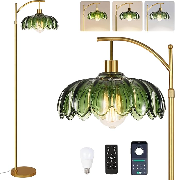 ILLMTW Gold Floor Lamp for Living Room,Bedroom,Mid Century Modern Standing Lamp with Remote,Dimmable Brass Tall Lamp Vintage Retro Green Glass Arc Floor Flower Floor Light Boho Bohemian