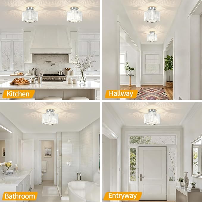 Modern Crystal Ceiling Light Fixture Chrome Hallway Entryway Light Fixtures | 2-Pack, 7.24 Inch, E26 Dimmable, Bathroom Bedroom Ceiling Light, Kitchen Dining Room Laundry Close to Ceiling Light Fixtures