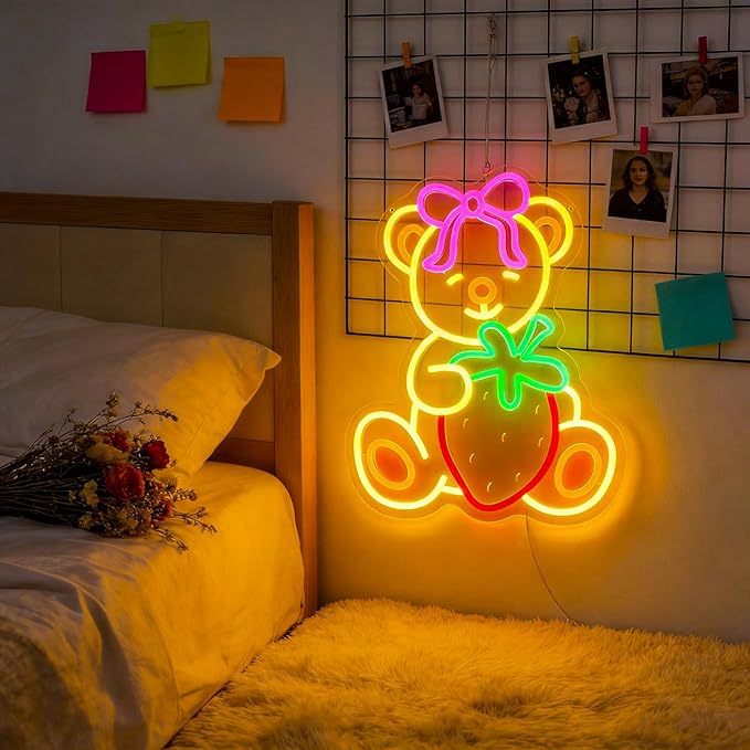 Strawberry Bear Neon Sign Girl Room Decor Led Neon Lights Signs for Wall Decor USB Powered Led for Room Decoration