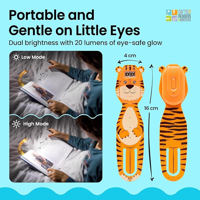 Gifts for Readers & Writers Rechargeable Book Light for Kids, Clip On Reading Light for Bed, 2in1 Flexilight Pals & Bookmark, 12 Hours of Light Once Charged, Includes USB Cable & 2 LED Lights, Tiger