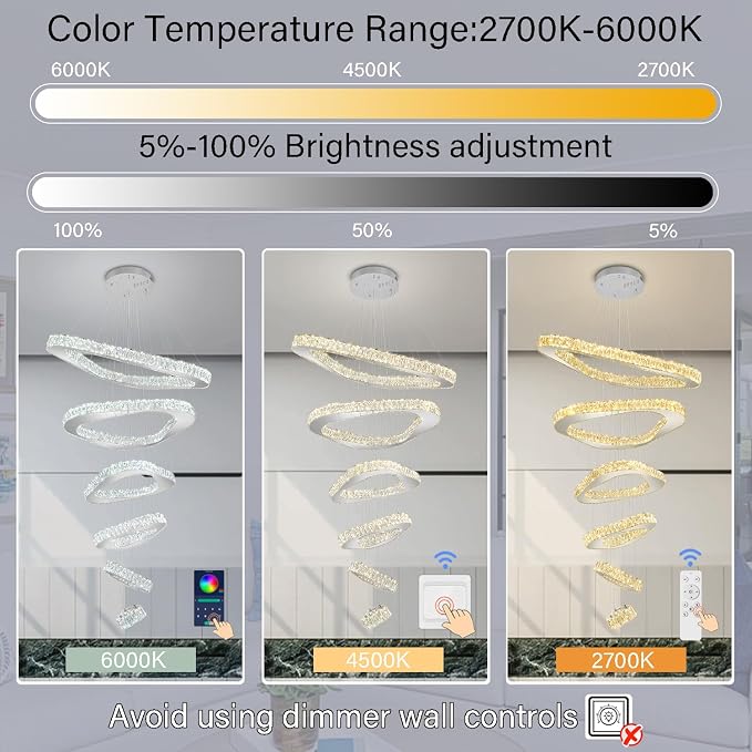 Modern Crystal Chandeliers for High Ceiling 6 Ring Chandelier LED Silver Ceiling Lights Fixtures High Ceiling Chandelier for Foyer Staircase Living Room Dining Room 2700K-6000K