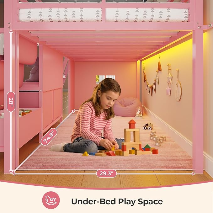 ADORNEVE Low Loft Bed Twin Size with Bookshelf, Reading Nook & 3 Drawers | Kids Loft Bed, LED, Storage Drawers, Beside Box, Under-Bed Play Space,Safety Guardrail, Inclined Ladde, Play Curtain, Pink