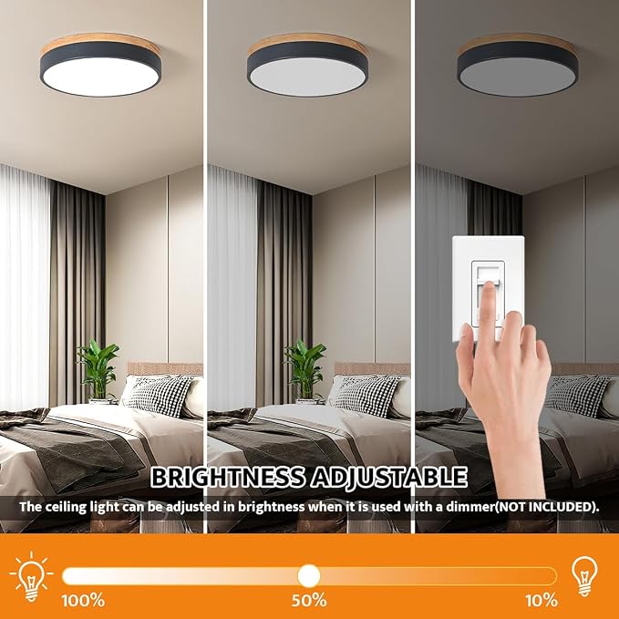 Yiisem Dimmable Wood LED Flush Mount Ceiling Light, Grey, 11.8 in | 5CCT 2700K-6000K Modern Close to Ceiling Lighting Fixtures, Round Ceiling Lamp for Bedroom, Kitchen, Hallway, Laundry Room
