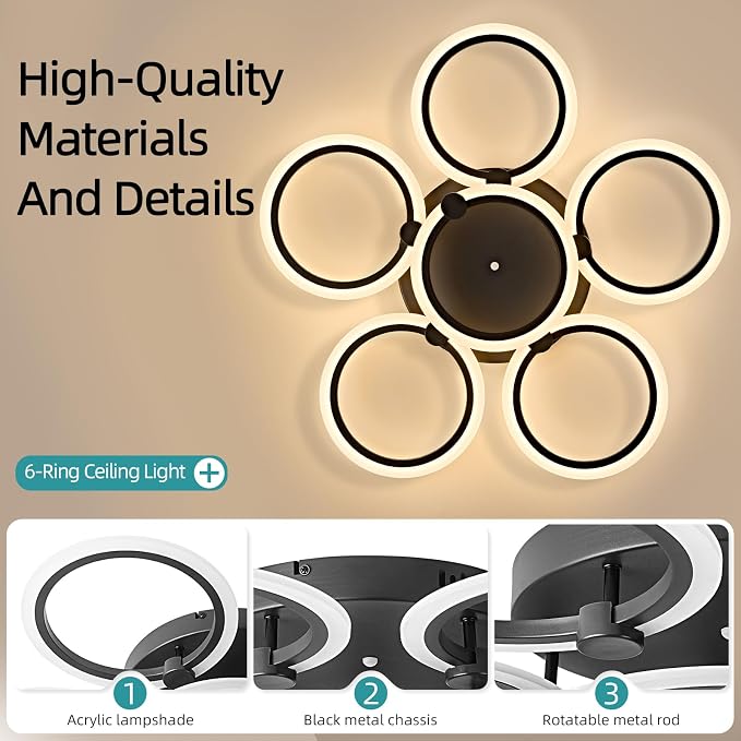 LED Ceiling Light, 6-Ring Modern Flush Mount Fixture, 77W Dimmable 3000K–6500K, Black Ceiling Light with Remote for Living Room Bedroom Kitchen (28.9")
