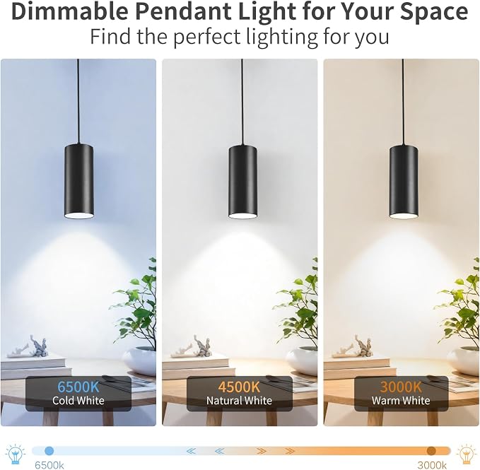3.43" Pendant Lights Kitchen Island, 25W Cylinder Hanging Lights with Dipswitch, Modern Eye Care Led Pendant Lamp fixtures for Bedroom, Living Room, Office (Black, 3.43 Inch 1 Pcs)