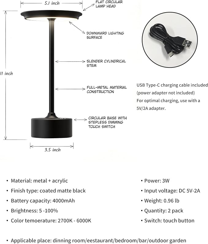 PUSU Rechargeable Table Lamps Set of 2, Black Cordless Portable Desk Lamp | 4000mAh Battery, Stepless Dimming & 3 Color 2700K-6000K, LED Lamp for Bedroom, Living Room, Restaurant, Outdoor, Night Light