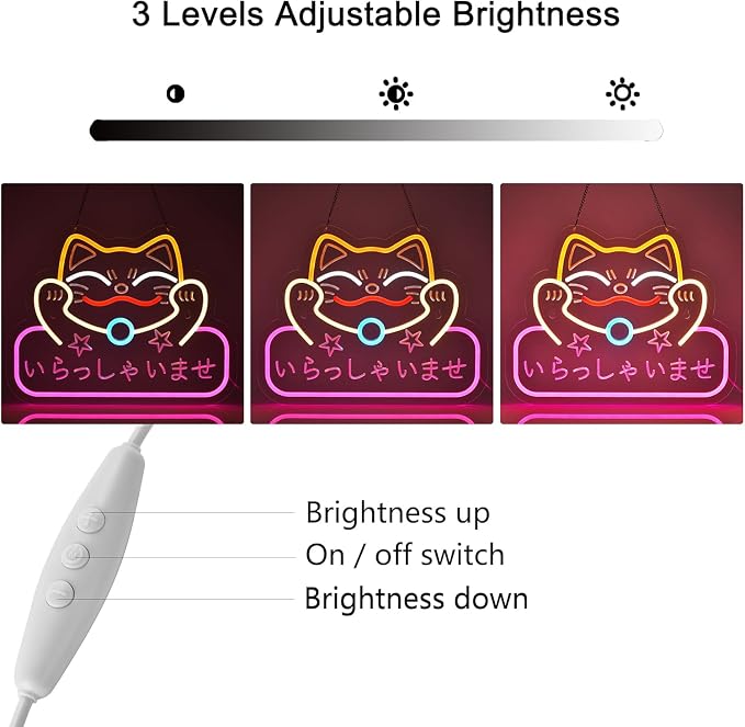 Japanese Welcome Neon Sign Fortune Cat Wall Decor Dimmable Led Neon Lights Japanese Style いらっしゃいませ Neon Billboard for Restaurant Shop Store Window USB Powered 16.1" x 12.6"
