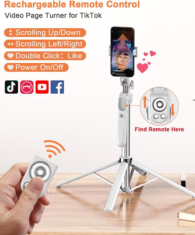 Yeaki 71” Auto Face Tracking Tripod for iPhone with Light,360° Rotating Phone Stand with Rechargeable Remote Control for TikTok Vlog, Phone Tripod for Android Camera/GoPro/Ring Light (White)