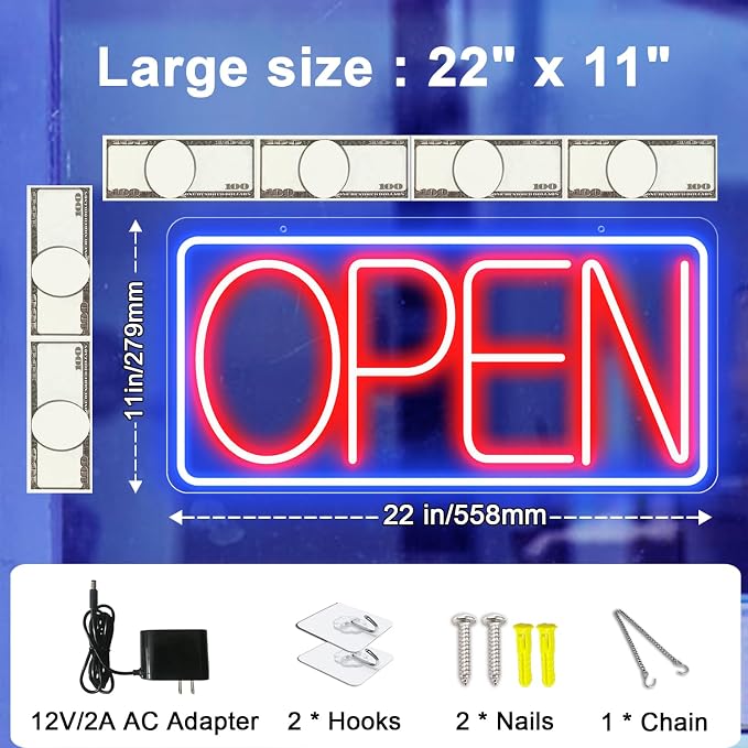 22" X 11" Led Neon Open Signs for Business 12V/2A Ultra Bright Led Neon Open Signs Plug In Electric Light Up Open Sign with ON/OFF Switch for Bar Salon Coffee Stores Club Hotel (Horizontal)