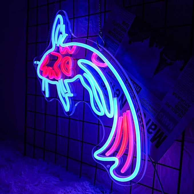 Koi Fish Neon Sign - Japanese Carp LED Neon Lights in Blue & Red, Lucky Fish Wall Decor 17"x9.5" with USB/Switch Dimmable for Bar, Restaurant, Office, Fishroom, Koi Pond