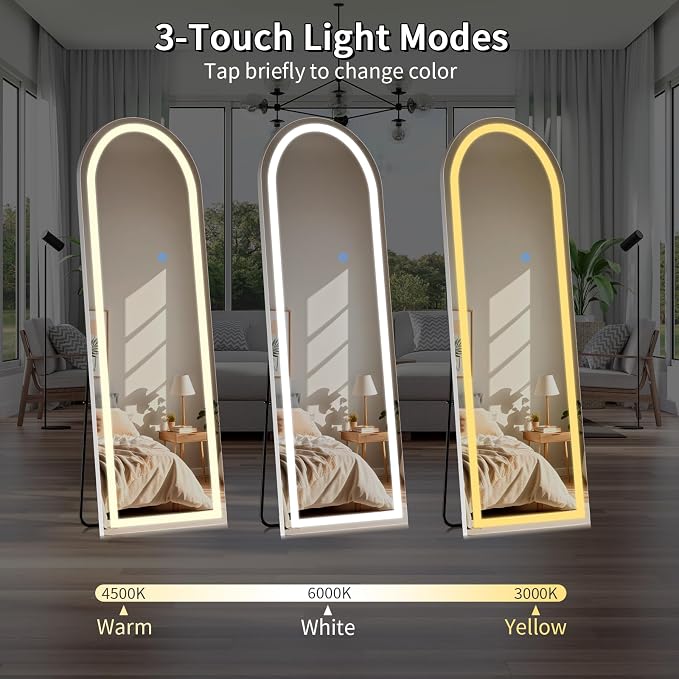 Koonmi LED Arched Full Length Mirror, 65"x24" Full Length Mirror with Lights, Lighted Floor Mirrors with Stand, Full Body Mirrors with Dimming & 3 Color Lightingfor Living Room Cloakroom, White