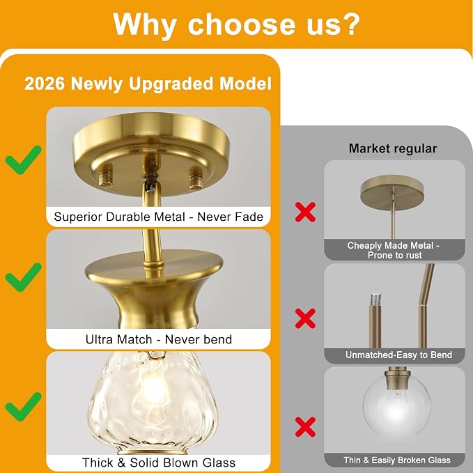 Modern Pendant Lights Kitchen Island, 1 Pack Brushed Gold Pendant Light Fixtures with 8.5" Clear Hammered Glass Shade, Industrial Hanging Pendant Lights Fixture for Kitchen Island Dining Room Entryway