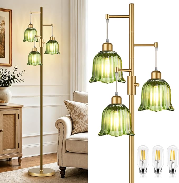 Dimmable Flower Floor Lamp, 3 x 900LM LED Bulbs Included, Modern | 70" Gold Tree Standing Lamp, 3 Lights Elegant Green Glass Flower Shade, Vintage Floor Lamps for Living Room, Bedroom, Office