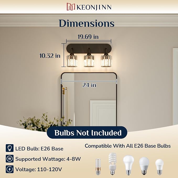 Keonjinn 3-Light Bathroom Light Fixtures Over Mirror, Crystal Black | Vanity Lighting Fixture with Crystal Square Shades, Dimmable, Modern Style, Compatible with E26 Base LED Bulbs (Exclude Bulb)