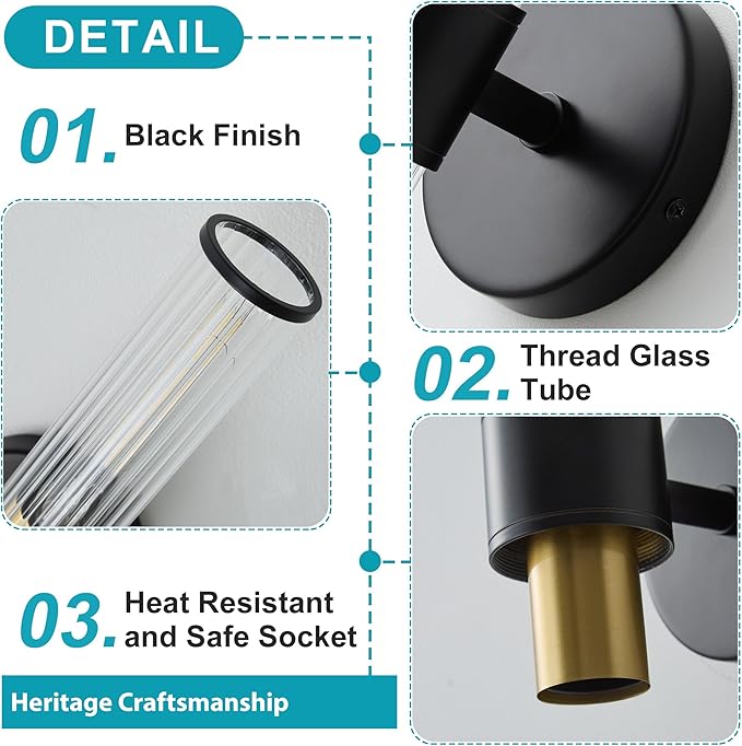 Bathroom Light Fixtures 2 Pack Hardwired, Black Gold Wall Sconce Threaded Glass Vanity Light Featuring Two E26 sockets, Bathroom Wall Light Dimmable - Bulb Not Included, UL Certification