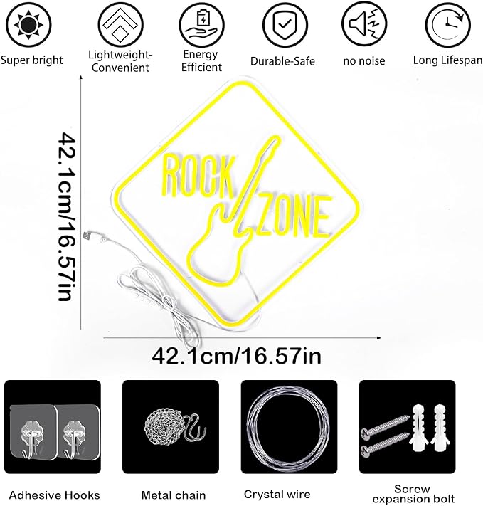 Guitar Rock Zone Neon Sign for Wall Decor Dimmable LED Music Neon Light USB Guitar Light Up Sign for Live Music Room, Band Studio, Concert Halls, Bars, Bedroom, Game Room, Man Cave, Party