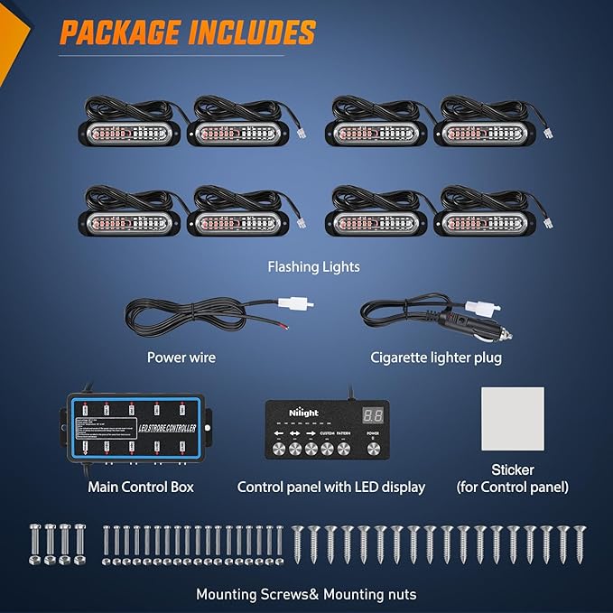 Nilight 8PCS Led Strobe Lights with Controller 12V 24V Sync Feature Red Blue Strobe Light 12 LED Surface Mount Emergency Hazard Warning Lights with Strobe Controller for Vehicle Car Truck RV ATV