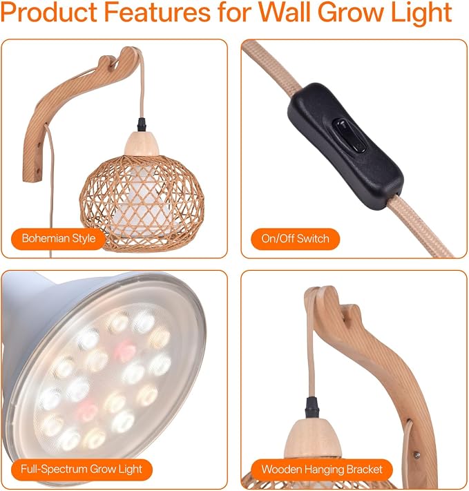 Hanging Grow Lights for Indoor Plants,3800K | 18W Wall-Mounted Decorative Grow Light with Boho Rattan Lantern Shade, 9.8FT Power Cord, for Indoor Plant Growing, Flowers