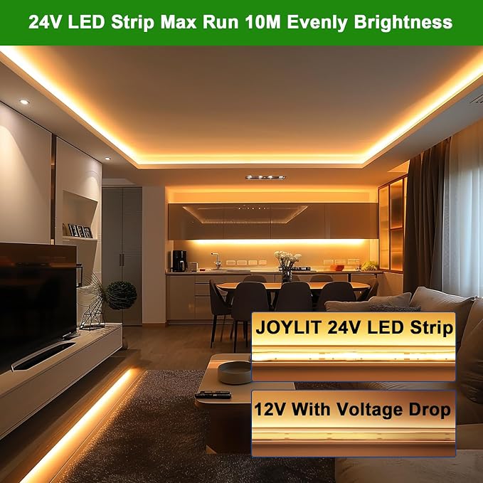 JOYLIT COB LED Strip 24V 32.8FT 2700K 7650LM Dimmable for Cabinets, Closet | CRI 90+, 120° Narrow Beam, 384 LEDs/m Warm White, Dot-less No Dark Spot, Cuttable , Easy Peel & Stick ( Strip Only )