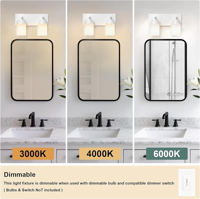 IZORRO Bathroom Vanity Light Fixture, 2-Light 15 Inch White Bathroom Light Fixtures Over Mirror, with White Glass Shade, Modern Farmhouse Vanity Lights, Rustic Restroom Lighting Fixtures