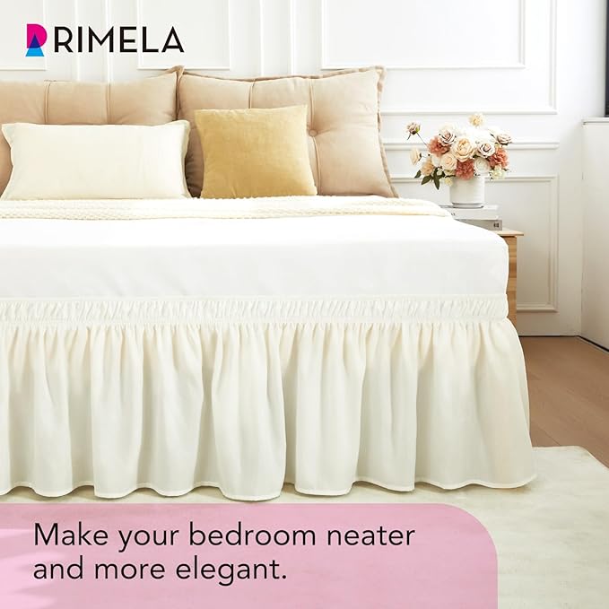 RIMELA Cream Queen Bed Skirt 18 Inch Drop, Wrap Around Elastic Bed Skirts Queen Size Dust Ruffle, Bedskirt for Adjustable Bed Base Solid Fade Resistant Silky Fabric Machine Washable