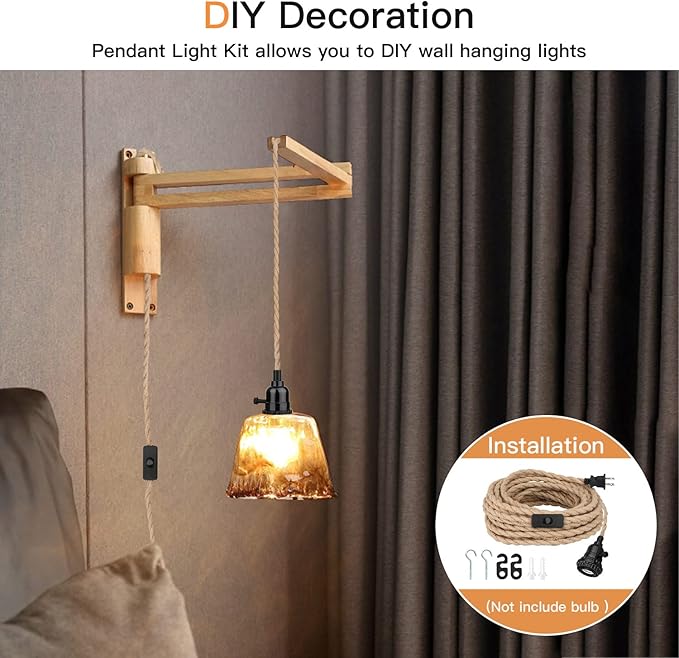 16.5FT Pendant Light Kit, Hanging Lights with Plug in Cord & Switch, Hemp Rope Swag E26 Socket Pendant Lamp, Extension Lantern Cable Vintage Farmhouse Industrial Retro DIY Decoration Fixtures