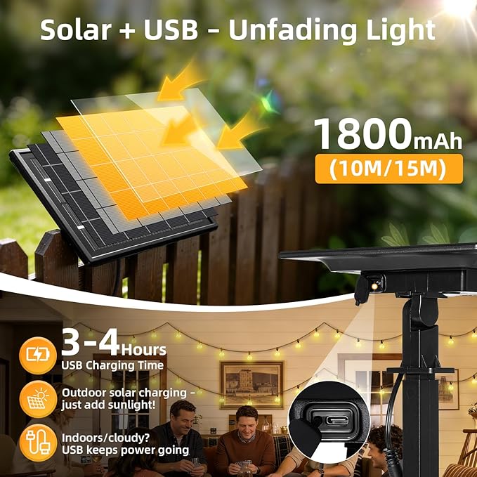Solar Lights Outdoor Waterproof: G40 15M 50FT Shatterproof Bulbs Patio Lights - Solar Powered 3 Light Modes Solar Light - Camping Backyard Garden Deck Outside Yard