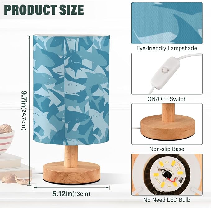 Table Lamp Blue Shark Pattern Marine Animal Nightstand Lamp with Wood Base Fabric Lamp Shade Bedside Desk Lamp for Living Room Bedroom Kids Room Office