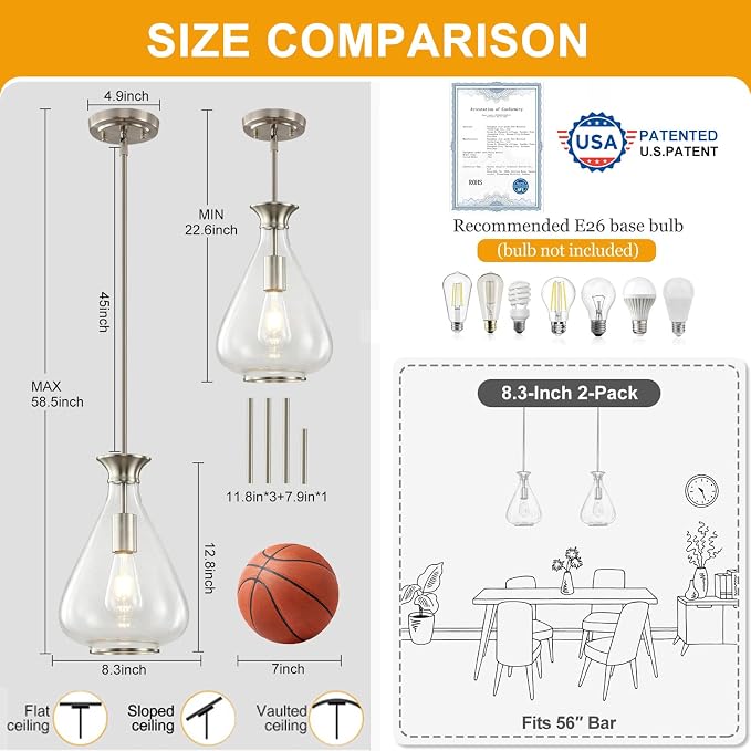 2 Pack Modern Pendant Lights Kitchen Island, Brushed Nickel Pendant Light Fixtures with 8.5" Clear Air Bubble Glass Shade, Industrial Hanging Pendant Lights Fixture for Kitchen Island Dining Room