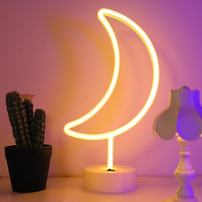 ENUOLI Warm White Moon Shape Led Neon Night Light with Holder Base Moon Neon Sign Lamp Power by Battery&USB Marquee Neon Sign for Home Party Birthday Bedroom Table Decoration Children Gifts