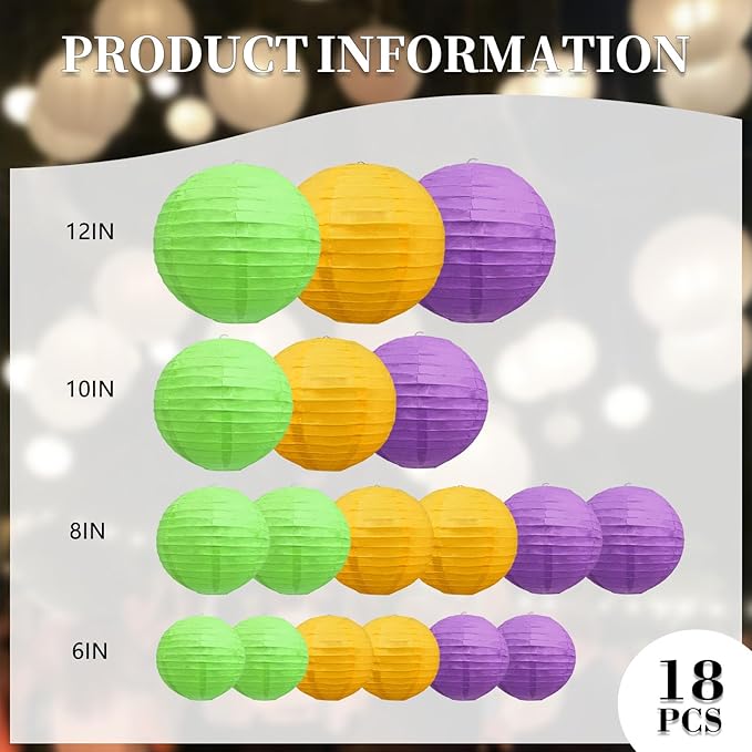 20Pcs Yellow Purple Green Paper Lanterns for Parties, 6” 8” 10” 12” Chinese Asian Hanging Round Paper Lanterns for Birthday Wedding Halloween Christmas Home Decor Party Decor