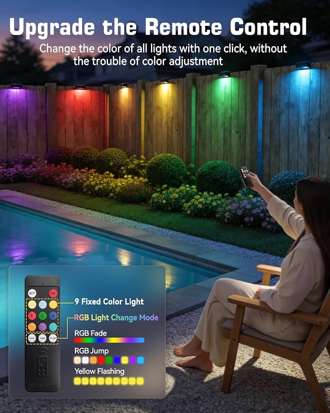Solar Fence Lights Outdoor Waterproof with Remote 8 Pack, Solar Lights for Fence with Warm White & RGB 9 Colors, 60 Lumen 5-LED Solar Powered Wall Light for Backyard, Railing, Deck,Stairs, Step Decor