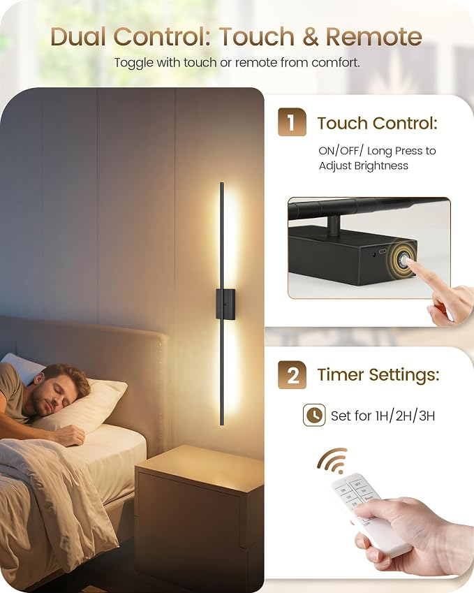 39.4" Wireless Wall Sconces Battery Operated Set of 2, Rechargeable Lamps with Remote, 360° Rotation, 10000mAh, Touch Dimmable Lights for Bedroom, Living Room, Hallway, Black B07YBP205