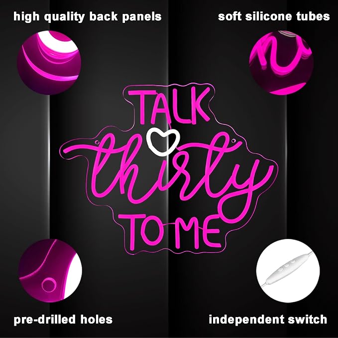 Talk Thirty To Me Neon Sign, Dimmable LED 30th Birthday Neon Sign for Wall Decor, 30th Birthday Decorations for Her Gifts, USB Neon Sign for Birthday Anniversary Home Wall Decor Party Wall