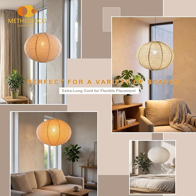 METHEDEECO Plug in Linen Pendant Light, 20 Inch | Hanging Lantern Lamp, 18 FT Cord, E26 Socket, Japanese Wabi-Sabi Handmade Fabric Shade, Bulb Not Included