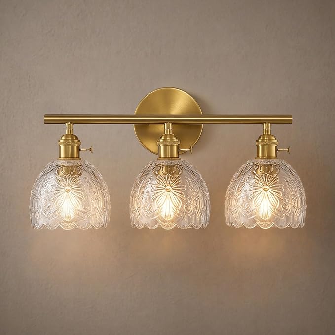 Hamilyeah 3-Light Bathroom Vanity Light Fixture, Brushed Brass Gold Wall Light with Clear Embossed Floral Glass Shades, Vintage Glass Vanity Lighting for Mirror, Powder Room, Bedroom, Hallway, Modern