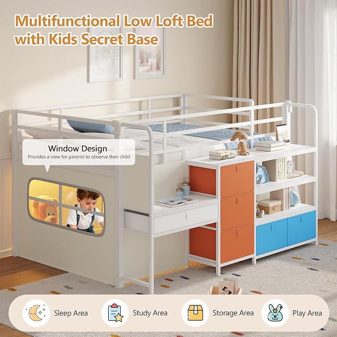 DICTAC Low Loft Bed with Desk and 6 Storage Drawers Twin Loft Bed with Bookshelf,LED Lights & Under-Bed Play Space,Kids Twin Beds with 13.8''H Safety Guardrail,Inclined Ladder & Play Curtain,Colorful
