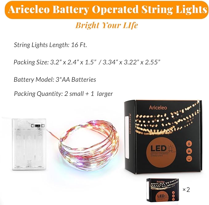 Led Fairy Lights Battery Operated, 2 Packs Mini Battery Powered Copper Wire Starry Fairy Lights for Bedroom, Christmas, Parties, Wedding, Centerpiece, Decoration (5m/16ft Multi-Colored)