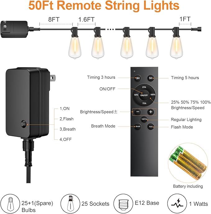 50FT Outdoor String Lights with Remote, Garden Patio Decor with 2500K Warm White, 25+1 LED Edison Bulbs, Support Timer Dimmable Waterproof Shatterproof for Yard Outside Porch Deck Indoor