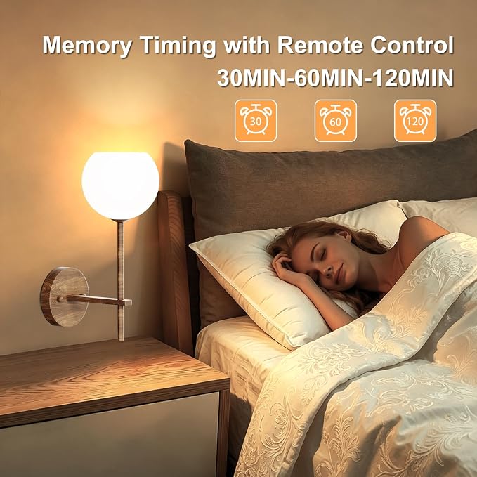 Walnut Grain Battery Operated Wall Sconces Set of 2, Rechargeable Wireless Wall Lights with Milky White Frosted Glass, 12 RGB and 3CCT Dimmable, Wall Lamps with Remote for Bedroom Living Room Hallway